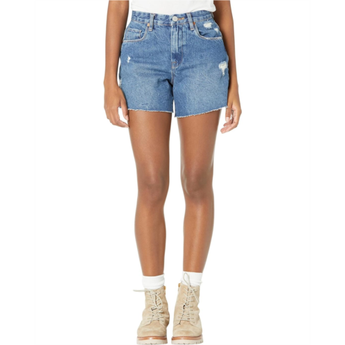 Blank NYC Indigo Blue Five-Pocket Cutoffs Mom Shorts with Small Rips in Second Round
