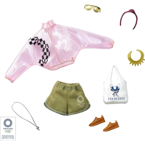 Barbie Storytelling Fashion Pack of Doll Clothes Inspired by The Olympic Games Tokyo 2020: Pink Transparent Jacket, Shorts and 6 Accessories Dolls, Gift for 3 to 8 Year Olds