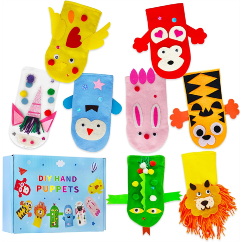 4U4EVER 8 Pcs Hand Puppet Making Kit for Girls and Boys; Art Craft Felt Sock Puppet Toys Creative DIY Make Your Own Puppets; Pompoms Wiggle Googly Eyes Storytelling Role Play Party Supplie