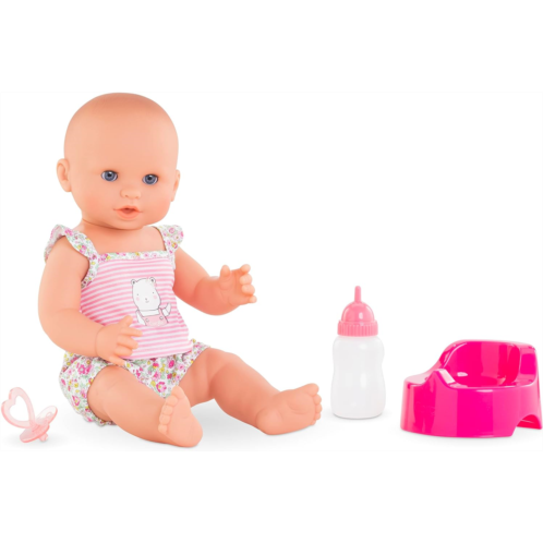 Corolle Drink and Wet Bath Baby Emma - 14” Girl Baby Doll with 3 Accessories - Bottle, Potty, and Pacifier - Really Drinks and Goes Potty, for Kids Ages 2 Years and up