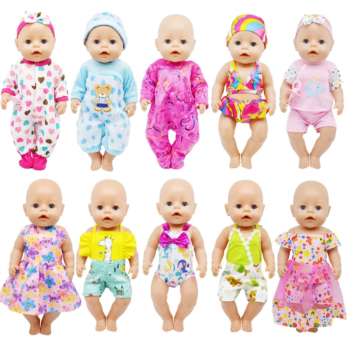 Dciki 10 Sets 16-18 Inch Baby Doll Clothes,Casual Clothes Pajamas Accessories Include Hair Clips Fits 43cm New Born Baby Doll-Best Gift.(16 Inch-10set)