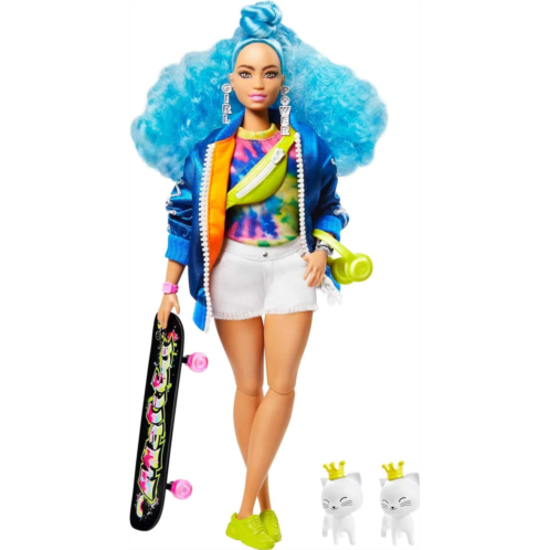 Barbie Extra Doll #4, Curvy, in Zippered Bomber Jacket with 2 Pet Kittens, Extra-Curly Blue Hair, Layered Outfit & Accessories Including Skateboard, Multiple Flexible Joints, For K