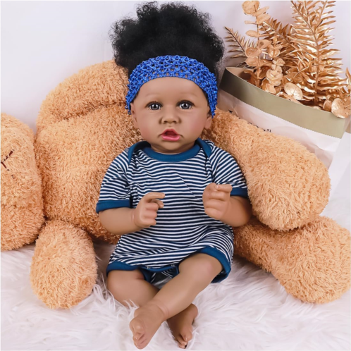 MAIHAO Reborn Baby Dolls Black Girl with Soft Body African American Real Life Babies Girl That Look Lifelike Newborn Baby Open Eyes 22inch (Blue)