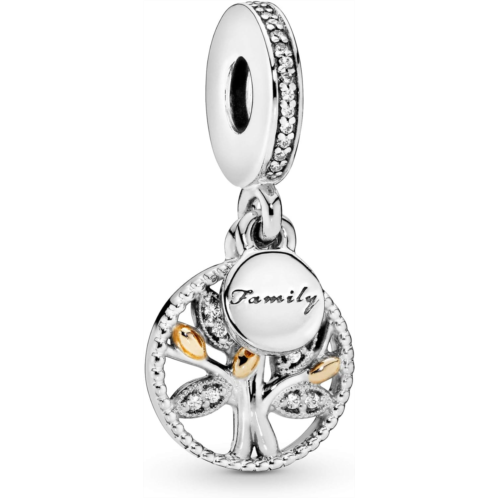 Pandora Jewelry Sparkling Family Tree Dangle Cubic Zirconia Charm in Sterling Silver and 14K Yellow Gold, With Gift Box