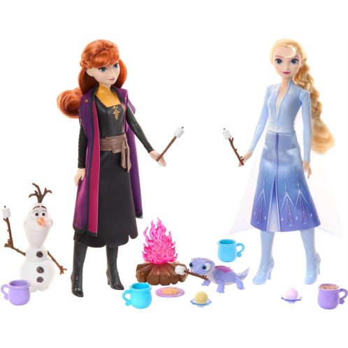 Mattel Disney Frozen Elsa & Anna Camping Playset with 2 Fashion Dolls, Olaf & Bruni Figures & 12 Accessories, Mattel Disney Frozen 2