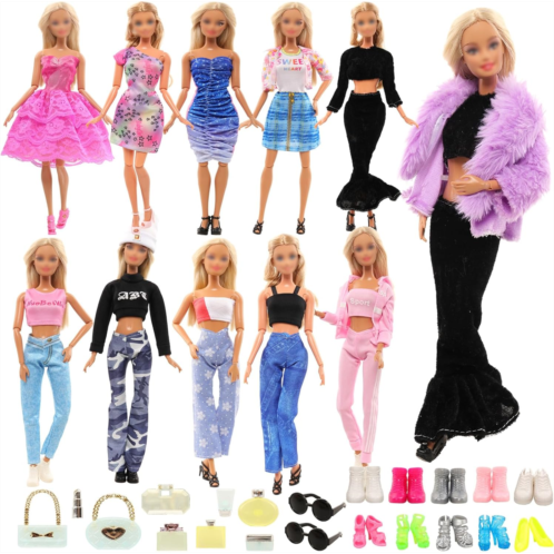Miunana 27 pcs Fashion Doll Clothes and Accessories 2 Party Dresses 1 Plush Coat 3 Sport Tops and Pants Outfits 2 Glasses 10 Shoes 9 Bag Perfume Lipstick Mini Bedroom Accessories for 11.5