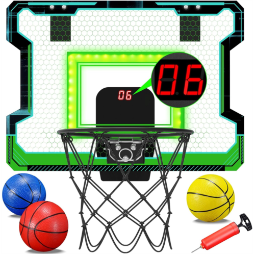 OKKIDY Mini Indoor Basketball Hoop, Light-up Basketball Hoop with Electronic LED Scoreboard, Small Outdoor Basketball Game Toys for 6, 7, 8, 9, 10, 12+ Year Old Girls Boys Kids Tee
