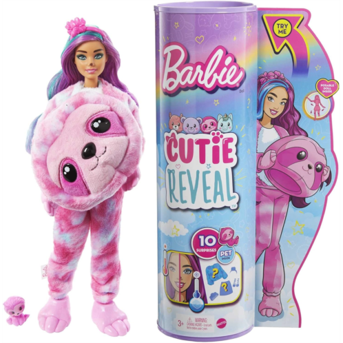 Barbie Cutie Reveal Doll, Fantasy Series Sloth Plush Costume, 10 Surprises Including Mini Pet & Color Change