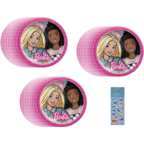 Amscan Barbie Party Supplies Bundle includes Lunch Paper Plates - 24 Count and 1 Dinosaur Sticker Sheet