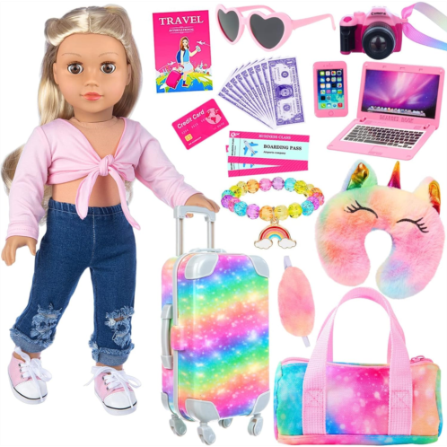 K.T. Fancy 23 PCS American 18 Inch Doll Accessories Suitcase Luggage Travel Set - Rainbow Suitcase Rainbow Bag Camera Computer Cell Phone Neck Pillow Eye Mask Glasses Gift for Chri