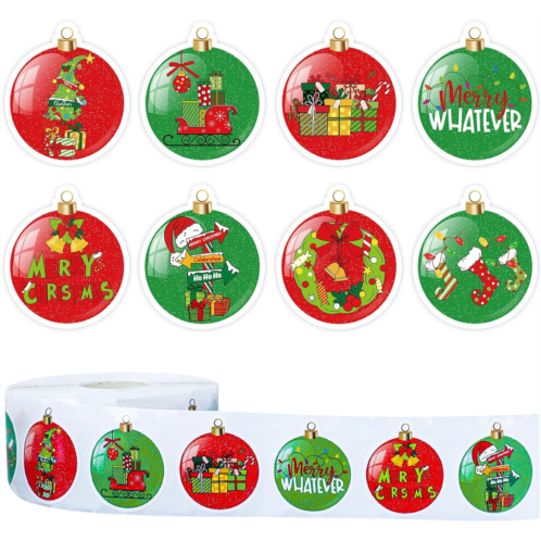 Generic AnyDesign 1000Pcs Christmas Stickers Roll 8 Designs Red Green Cartoon Decals Assorted Xmas Tree Gifts Socks Garland Decorative Stickers Round Seal Stickers for Gift Greeting Card P