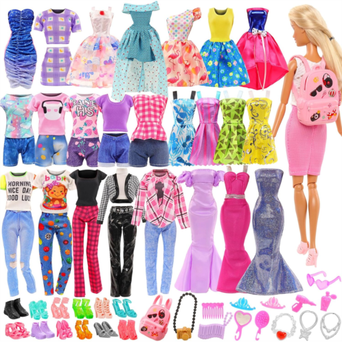 BARWA Lot 36 Items 3 Fashion Dresses 3 Casual Tops and Pants Outfits 6 Pcs Mini Dresses with 1 Bags 10 Shoes, 13 Accessories for 11.5 Inch Girl Doll Birthday Xmas