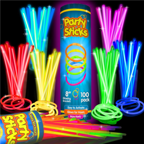 PartySticks Glow Sticks Bulk Party Favors 100pk - 8 Glow in the Dark Party Supplies, Light Sticks for Neon Party Glow Necklaces and Bracelets for Kids or Adults