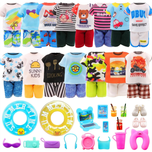 Miunana 10 PCS Boy Doll Top and Pants for Chelsea 5.3 Inch Boy Doll Clothes and Accessories with 16 PCS Dollhouse Furniture for 4-6 Inch Doll Travel Outfits 26 PCS Include 2 Pairs