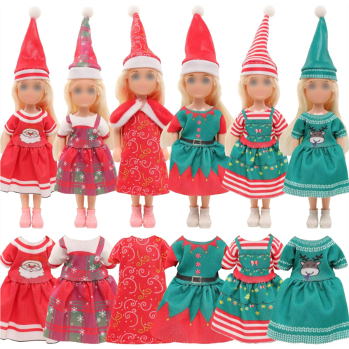 Miunana 6 Dresses for 5.3 Inch Girl Doll Christmas Clothes Dress Outfits and Christmas Hats for 11.5 Inch Girl Doll Sister 4 Mini Doll Clothes and Accessories