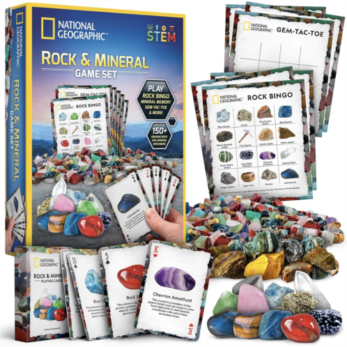NATIONAL GEOGRAPHIC Rock Bingo Game - Play Mineral Memory, Gemstone Trivia, & Card Games, Collection Includes Over 150 Rocks and Minerals, Amazon Exclusive Educational STEM Toy for
