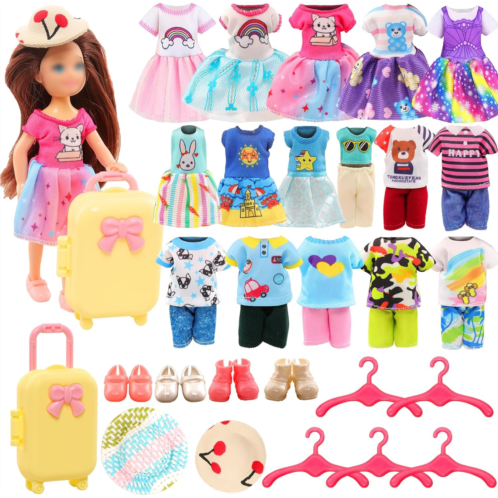 Miunana 5.3 Inch Chelsea Girl Doll Dress 22 PCS Clothes and Suitcase and Hats for 4-6 Inch Girl Doll Top and Pants Fashion Outfits Doll Shoes Dollhoues Furniture Kit
