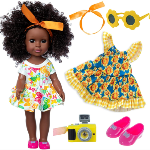 Ecore Fun 14.5 Inch Black Dolls Baby Girl Doll Clothes Accessories Set African American Washable Realistic Silicone Black Girl Dolls with Cute Dresses Sunglass Camera and Shoes