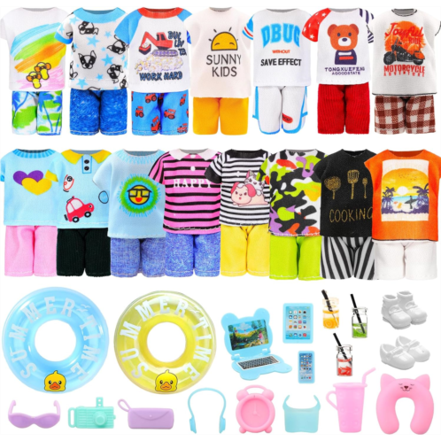 Miunana 36 PCS Boy Doll Travel Outfits for 4-6 Inch Doll Include 20 PCS Top and Pants for 5.3 Inch Boy Doll Clothes and Accessories with 14 PCS Dollhouse Furniture and 2 Pairs of B