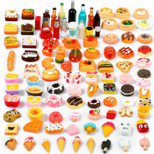 Skylety 100 Pieces Miniature Food Drinks Toys Mixed Resin Foods for Doll Kitchen Pretend Play Mini Food Set for Adults Teenagers Doll House