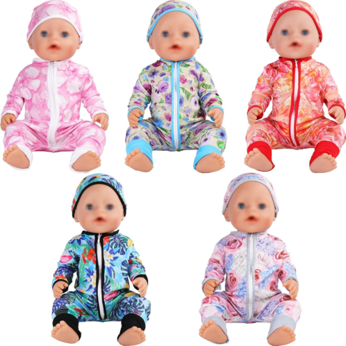 SOTOGO 5 Sets Baby Doll Clothes Outfits Jumpsuits with Hats for 14 to 17 Inch Baby Doll, 43cm New Born Baby Doll, American 18 Inch Doll Clothes and Accessories
