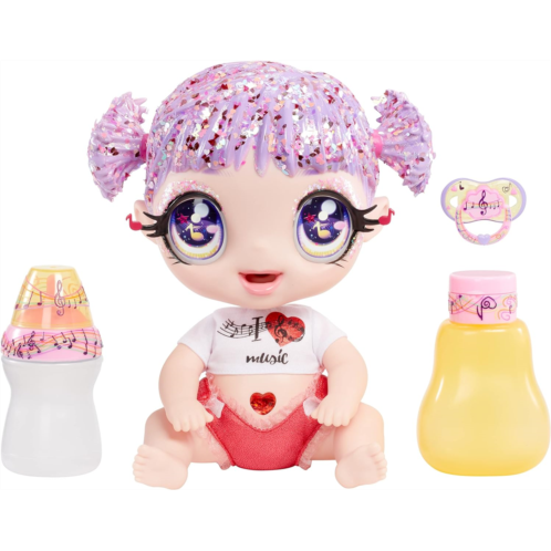 MGA Entertainment Glitter Babyz Melody Highnote Baby Doll with 3 Magical Color Changes, Lavender Glitter Hair, Music Outfit, Diaper, Bottle, Pacifier Accessories, Ages 3 4 5+