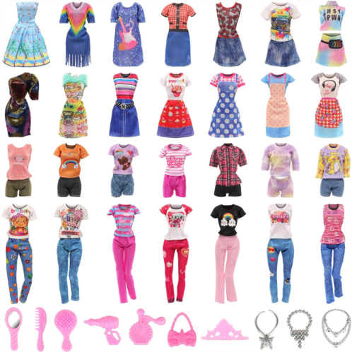 BARWA 18 Pack Doll Clothes and Accessories Including 4 Fashion Dresses 4 Sets Casual Outfits Tops and Trousers, Shorts 10 Bag Crown Necklace for 11.5 inch Girl Dolls…
