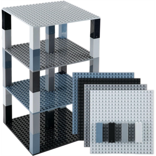 Strictly Briks Classic Stackable Baseplates, Building Bricks for Towers, Shelves, and More, 100% Compatible with All Major Brands, Black & Gray, 4 Base Plates & 30 Stackers, 6x6 In