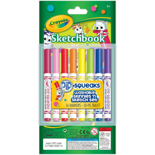 Crayola Washable Pip Squeaks Skinnies & Sketch Set, 16 Markers & 30 Pages