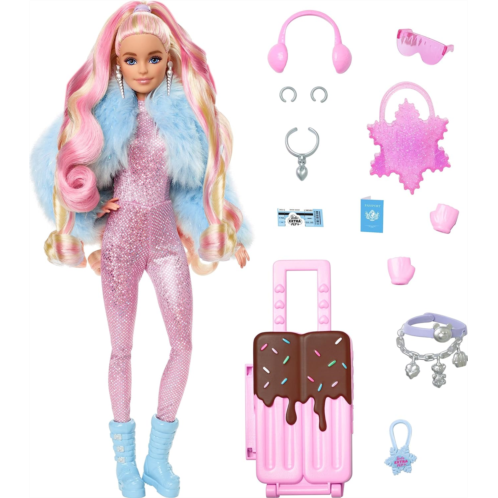 Barbie Extra Fly Doll with Snow-Themed Travel Clothes & Accessories, Sparkly Pink Jumpsuit & Faux Fur Coat For 3Y+