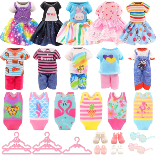 Miunana 19 Pcs 5.3 Inch - 6 Inch Chelsea Doll Clothes and Accessories - 3 Dresses, 3 Outfits, 3 Swimsuits, 3 Shoes, 2 Sunglasses, 5 Outfits Hangers