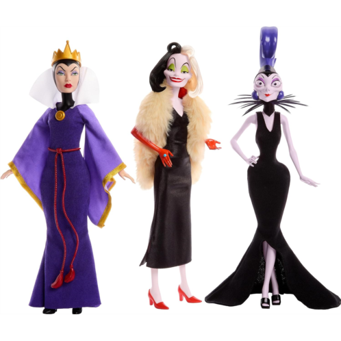 Mattel Disney Villains Collection Official Fashion Dolls 3-Pack: Evil Queen, Cruella De Vil and Yzma Gift Set for Kids, Adults or Collectors, Inspired by Disney Movies (Amazon Excl