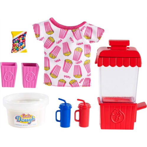 Barbie Cooking & Baking Accessory Pack with Popcorn-Themed Pieces, Including T-Shirt for Doll, Popcorn Machine Mold & Container of Molded Dough, Ages 4 Years Old & Up, Multi
