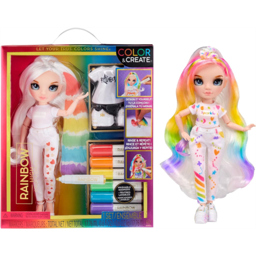 Rainbow High Color & Create Fashion DIY Doll with Washable Rainbow Markers, Blue Eyes, Straight Hair, Bonus Top & Shoes. Color, Create, Play, Rinse and Repeat. Creative 4-12+