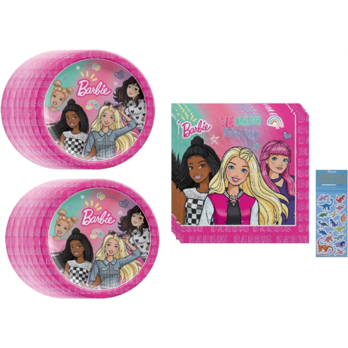 Amscan Barbie Birthday Party Supplies Bundle includes 16 Dessert Cake Paper Plates, 16 Napkins, 1 Dinosaur Sticker Sheet (Bundle for 16)
