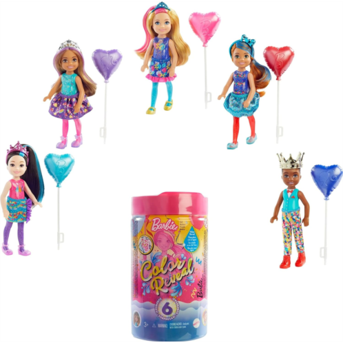 Barbie Chelsea Color Reveal Doll with 6 Surprises: 4 Bags Contain Skirt or Pants, Shoes, Tiara & Balloon Accessory; Water Reveals Confetti-Print Dolls Look & Color Change on Hair;