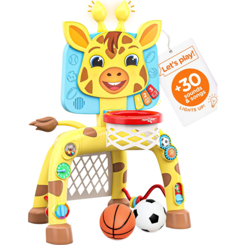 Move2play, Giraffe Basketball Hoop & Soccer Goal Activity Center 30+ Sounds & Songs + 5 Lights 1 2 3 Year Old Birthday Gift for Boys and Girls Toy for Baby & Toddlers