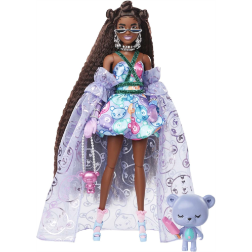 Barbie Extra Fancy Fashion Doll & Accessories Dressed in a Teddy-Print Gown with Sheer Train, Plus Teddy Bear Pet