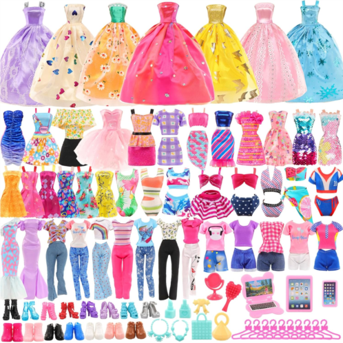 BARWA 57 Pack Doll Clothes and Accessories 5 Fashion Dresses 4 Tops 4 Pants Outfits 3 Wedding Gown Dresses 3 Swimsuits Bikini 5 Mini Dresses, 10 Hangers 15 Shoes Computer Cosmetic