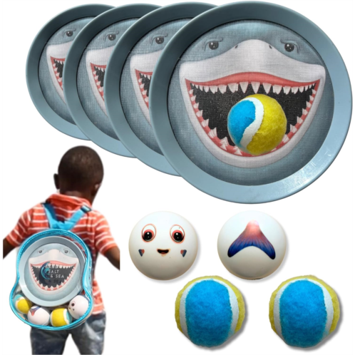 Sand Salt & Sea Shark Toys Ball and Catch Shark Games for Kids - Toss and Catch Ball Set w/ 4 Shark Catch Paddles - Backyard or Travel Beach Toys for Kids with Carrying Bag- Outdoor Beach Games fo