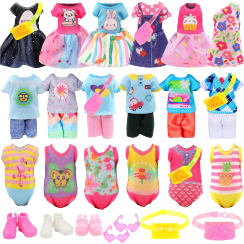 Miunana 19 Pcs 6 inch Chelsea Doll Clothes and Accessories Including 4 Sets Fashion Dresses 4 Casual Tops and Pants Outifits 4 Swimsuits with 3 Shoes 2 Glasses 2 and Shoulder Bag