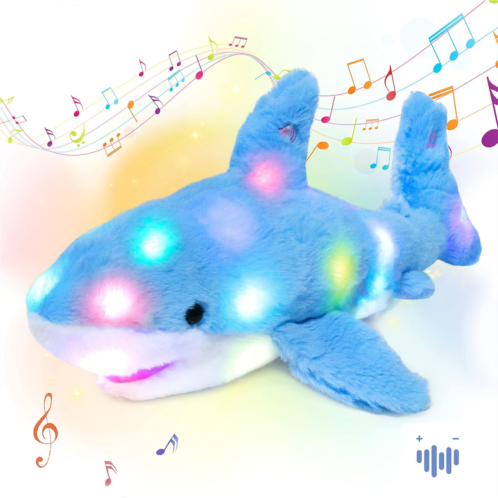 Hopearl LED Musical Stuffed Shark Lighting Up Singing Plush Toy Adjustable Volume Lullaby Animated Soothe Birthday Festival for Kids Toddler Girls, Blue, 11