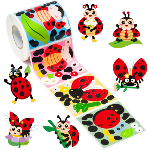 Cartoon Ladybug DIY Sticker Roll - Haooryx 300pcs Make Your Own Ladybug Scene Sticker Roll Make A Ladybeetle Face Decals Mix and Match DIY Cute Ladybug Stickers for Kids Birthday P