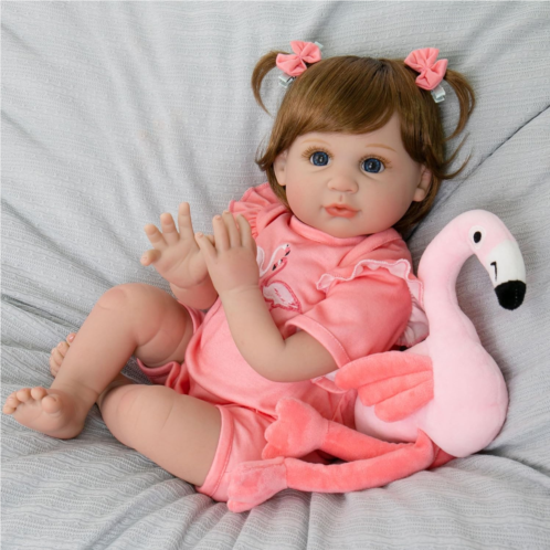 Aori 2.0 Reborn Baby Doll - 22 Inch Realistic Baby Doll Girl, Lifelike Baby Doll, Soft Weighted Body Like Real Newborn Baby, Reborn Dolls with Flamingo Toy Gifts Set for Kids Age 3