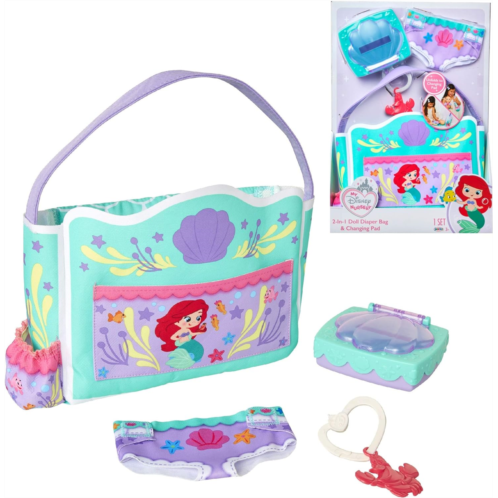 My Disney Nursery Baby Doll Accessories, Ariel Transforming 2-in-1 Diaper Bag & Changing Pad for Dolls Inspired by Disney The Little Mermaid! Pretend Wipes Toy Container, Diaper Cl