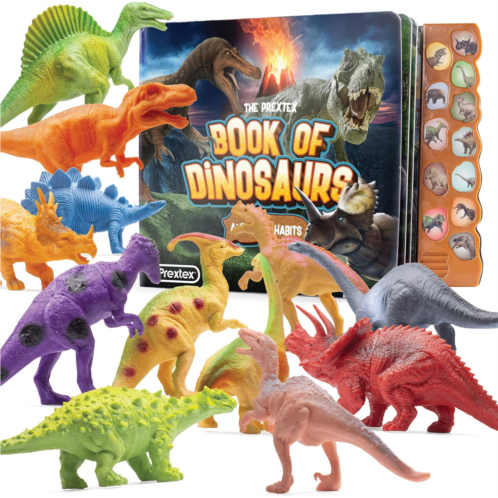 PREXTEX Dinosaur Toys for Kids 3-5 (12 Plastic Dinosaur Figures & Interactive Dinosaur Book with Sound) - Toddler Dinosaur Toy, Kids Dinosaur Toys for Girls, Boys, Toddlers, Dinosa