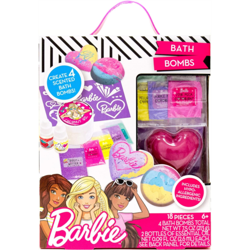 Barbie Make Your Own Bath Bomb Kit by Horizon Group USA, DIY Four Custom Colorful & Sweet-Smelling Bath Bombs, Includes Stencil, Glitter, Molds, Fragrances & More, Pink, Yellow, Te