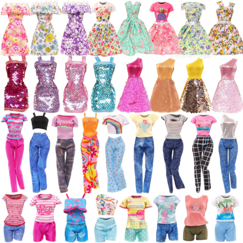 Miunana 10 Pcs Doll Clothes Including 3 Fashion Dresses 1 Sequin Slip 1 One-Shoulder Dress 5 Casual Outfits Tops and Trousers for 11.5 Inch Girl Doll