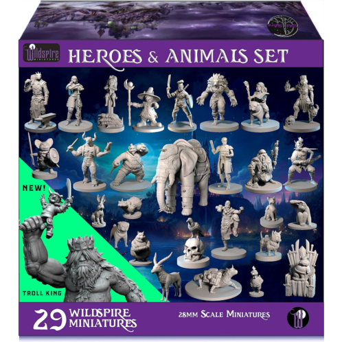 Wildspire Heroes, Animal Companions & Troll King for DND Miniatures Bulk 28mm DND Minis Dungeons and Dragons D&D Miniatures Dungeons and Dragons Unpainted Figures for Tabletop