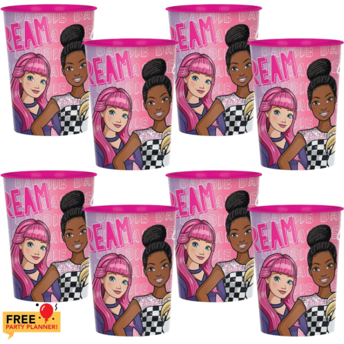amscan 8 Count Barbie Favor Cups - 16 oz Cup for Parties, Drinks, Birthday Favors, Pink Girls, Kids, Decorations Set, Fill with Candy, Stickers, Popcorn